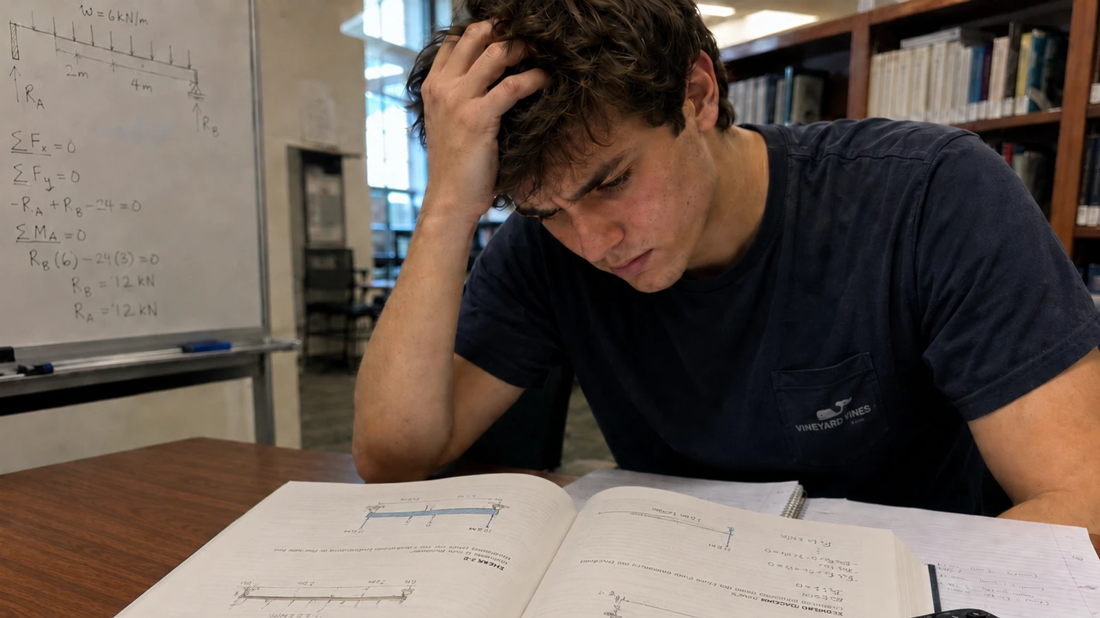 Engineering student thoughtfully working through a technical problem